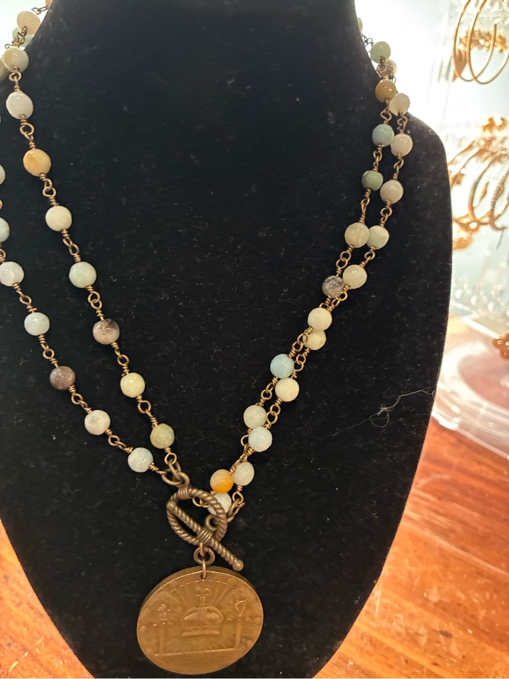 Beaded Multi-Color Pendant Necklace with Antique Gold Medallion